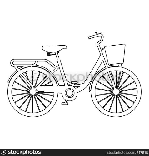 Woman's bicycle with basket Womens beach cruiser bike Vintage bicycle basket ladies road cruising icon black color outline vector illustration flat style simple image. Woman's bicycle with basket Womens beach cruiser bike Vintage bicycle basket ladies road cruising icon black color outline vector illustration flat style image