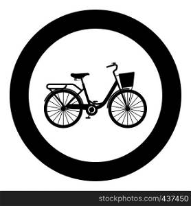 Woman's bicycle with basket Womens beach cruiser bike Vintage bicycle basket ladies road cruising icon in circle round black color vector illustration flat style simple image. Woman's bicycle with basket Womens beach cruiser bike Vintage bicycle basket ladies road cruising icon in circle round black color vector illustration flat style image