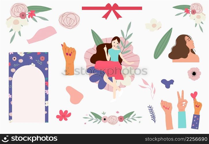 Woman&rsquo;s day object with flower,face,hair,hand.Editable vector illustration for website, sticker, tattoo,icon