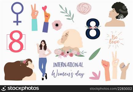 Woman&rsquo;s day object with flower,face,hair,hand.Editable vector illustration for website, sticker, tattoo,icon