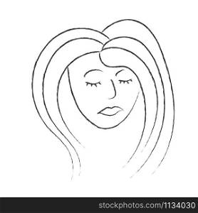woman&rsquo;s face with closed eyes. The Style Of Doodle. Isolated on a white background. The concept of feminism.Black and white vector illustration for design, poster, poster.