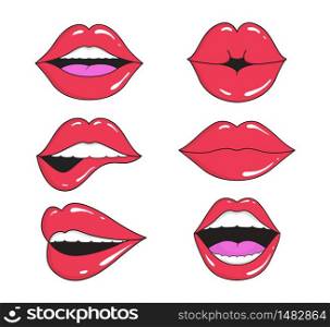 Woman&rsquo;s lips with smile, kiss. Mouths collection of girl retro style for comic book. Female open mouth with teeth. Sticker lip shape for face. Lady with red lipstick, makeup expressing emotion. Vector. Woman lips with smile, kiss. Mouths collection of girl retro style for comic book. Female open mouth with teeth. Sticker lip shape for face. Lady with red lipstick, makeup expressing emotion. Vector