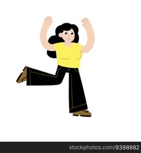 Woman run. Hurrying character gestures. Flat cartoon illustration isolated on white. Happy Girl raised hands up. Woman runs. Hurrying character gestures