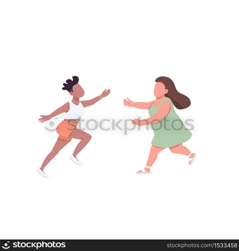 Woman run to hug flat color vector faceless characters. Female want to embrace friend. Lesbian happy couple. Friendship isolated cartoon illustration for web graphic design and animation. Woman run to hug flat color vector faceless characters
