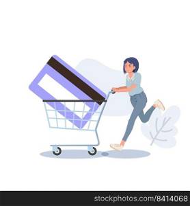 woman Run with Shopping Cart Card and credit card inside. Shopping concept. Vector illustration.
