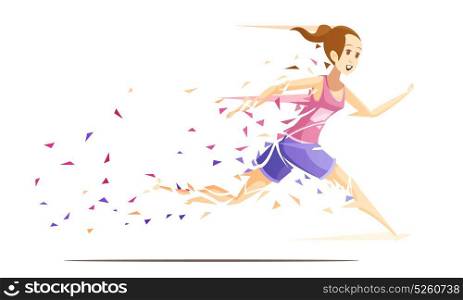 Woman Runner Metafan Concept. Runner woman action retro cartoon composition with running girl athlete falling to pieces of splash paper vector illustration