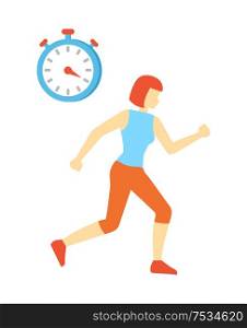 Woman running and clock isolated icon vector. Training female, trying to cope on time. Exercises for weight loss and body transformation improvement. Woman Running and Clock Icon Vector Illustration