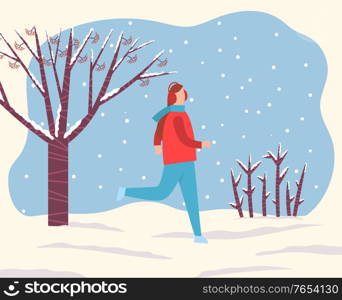 Woman running in snowy forest or park alone. Lady spend time actively doing hobby during snowfall. Outdoor activity in winter. Beautiful landscape with lot of snow on ground. Vector illustration. Woman Running in Forest or Park, Outdoor Activity