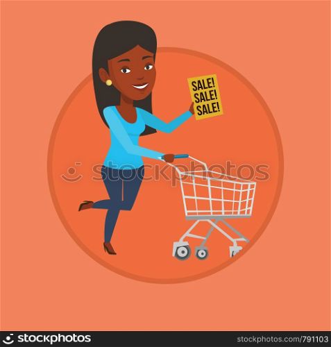 Woman running on sale. Woman holding paper sheet with sale text. Woman with shopping trolley running in a hurry to the store on sale. Vector flat design illustration in circle isolated on background.. Woman running in hurry to the store on sale.