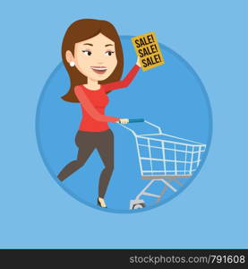 Woman running on sale. Woman holding paper sheet with sale text. Woman with shopping trolley running in a hurry to the store on sale. Vector flat design illustration in circle isolated on background.. Woman running in hurry to the store on sale.