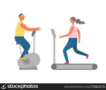 Woman running on treadmill, man on exercise bike, cardio training, side view of people in sportswear, modern sporty equipment, athletic human vector. Sport Equipment, Cardio Training of People Vecto