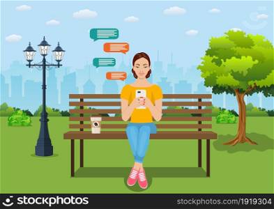 woman running remotely on freelance, job on smartphone on bench in park, communicates through social networks. Sending message via chat. Vector illustration in flat style. Young woman with gadgets in summer park.