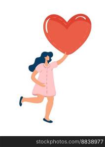 Woman running with big heart flat vector illustration. Concept of romance people valentine day sharing love, charity. Assistance, help, support concept.. Woman running with big heart flat vector illustration. Concept of romance people valentine day sharing love, charity. Assistance, help, support concept