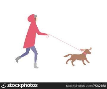 Woman running with dog on leash pet and owner vector. Jogging lady wearing warm clothes, winter season cold. Female walking canine doggy with collar. Woman Running with Dog on Leash Pet and Owner