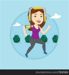 Woman running with earphones and armband for smartphone. Woman using smartphone to listen to music while running in the park. Vector flat design illustration in the circle isolated on background.. Woman running with earphones and smartphone.