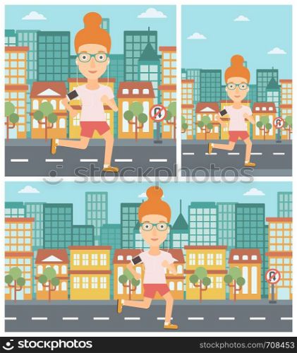 Woman running with earphones and armband for smartphone. Woman listening to music during running. Woman running in the city. Vector flat design illustration. Square, horizontal, vertical layouts.. Woman running with earphones and smartphone.