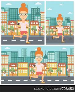 Woman running with earphones and armband for smartphone. Woman listening to music during running. Woman running in the city. Vector flat design illustration. Square, horizontal, vertical layouts.. Woman running with earphones and smartphone.