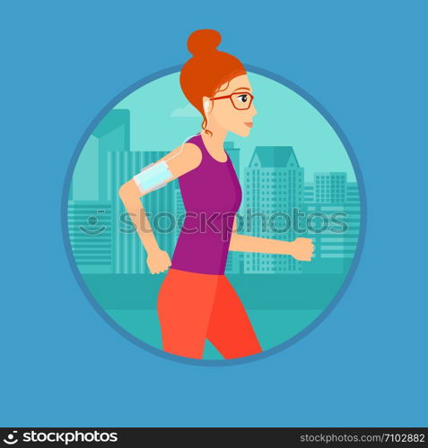 Woman running with earphones and armband for smartphone. Woman listening to music during running. Woman running in the city. Vector flat design illustration in the circle isolated on background.. Woman running with earphones and smartphone.