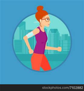 Woman running with earphones and armband for smartphone. Woman listening to music during running. Woman running in the city. Vector flat design illustration in the circle isolated on background.. Woman running with earphones and smartphone.