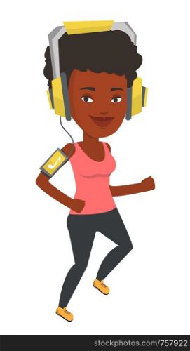 Woman running with earphones and armband for smartphone. Woman using armband for smartphone. Girl running with armband for smartphone. Vector flat design illustration isolated on white background.. Woman running with earphones and smartphone.