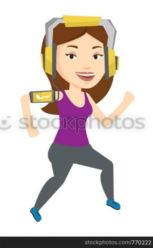Woman running with earphones and armband for smartphone. Woman using armband for smartphone. Girl running with armband for smartphone. Vector flat design illustration isolated on white background.. Woman running with earphones and smartphone.