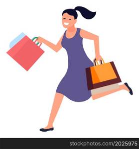 Woman running with shopping bag. Girl hurrying for big sale discount isolated on white background. Woman running with shopping bag. Girl hurrying for big sale discount