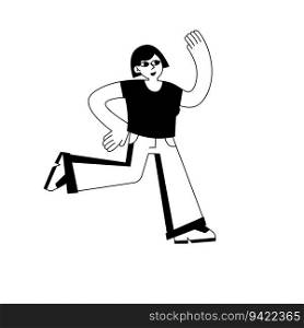 Woman runs. Hurrying character gestures. Black and white outline cartoon illustration. Woman runs. Vector outline