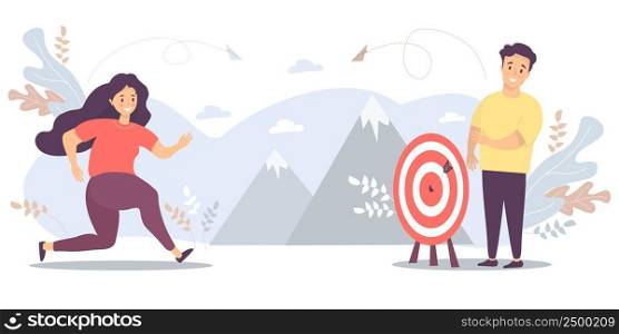 Woman runs towards her goal, movement and motivation on the way to the pinnacle of success. Man waiting near the target. Vector for task, goal, achievement, business, marketing and business concept