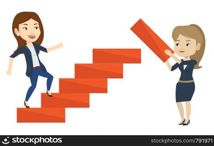 Woman runs up the career ladder while another woman builds this ladder. Businesswoman climbing the career ladder. Business career concept. Vector flat design illustration isolated on white background.. Business woman runs up the career ladder.
