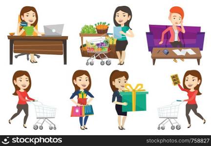 Woman rushing to shopping with trolley. Woman with empty shopping trolley running into the shop. Woman pushing shopping trolley. Set of vector flat design illustrations isolated on white background.. Vector set of shopping people characters.