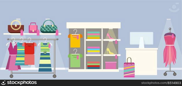Woman s Clothes Shop Concept Vector Illustration.. Boutique concept vector. Flat design. Woman s clothes shop interior. Hangers with dresses and blouses, handbags, mannequin and seller s place. Picture for flayers, visual ad, web design.