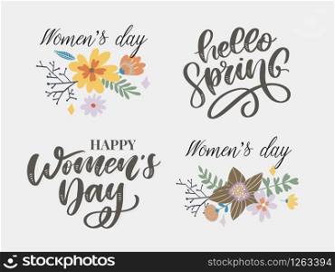 Woman s Day text design with flowers and hearts on square background. Vector illustration. Woman s Day greeting calligraphy design in pink colors. Template for a poster, cards. Woman s Day text design with flowers and hearts on square background. Vector illustration. Woman s Day greeting calligraphy design in pink colors. Template for a poster, cards, banner.