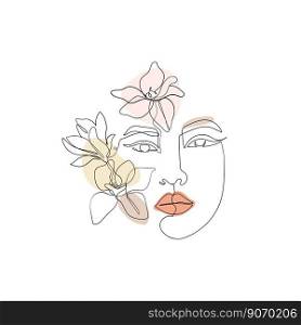 Woman’s face, o≠li≠art with magnolia flowers and≤aves. Woman drawn continuous sty≤, vector li≠r for cosmetic busi≠ss