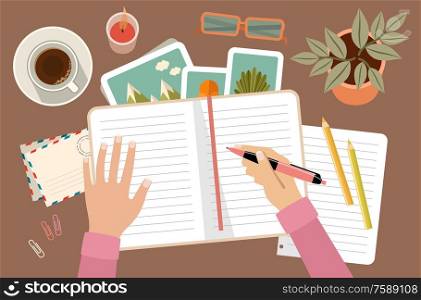 Woman s hands holding pen and writing in diary. Personal planning and organization. Workplace. Vector flat illustration