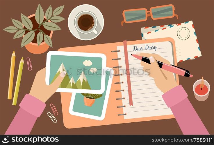 Woman s hands holding pen and writing in diary. Personal planning and organization. Workplace. Vector flat illustration