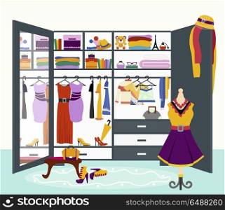Woman s Wardrobe Vector Flat Design Illustration. Clothing storage concept vector. Flat design. Womans wardrobe with mirror filled variety clothing, dresses, blouses, shirts, hats, shoes and accessories. Ladies treasures illustration.