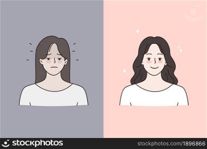 Woman sad before and happy after psychology session. Young female recovered after depression or nervous breakdown. Mental health concept. Makeup and beauty. Flat vector illustration.. Woman before and after recovery session