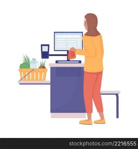 Woman scan food semi flat color vector character. Standing figure. Full body person on white. Self service terminal isolated modern cartoon style illustration for graphic design and animation. Woman scan food semi flat color vector character