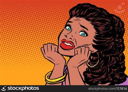 woman scared hands on her face. African American people. Pop art retro vector illustration kitsch vintage drawing. woman scared hands on her face. African American people