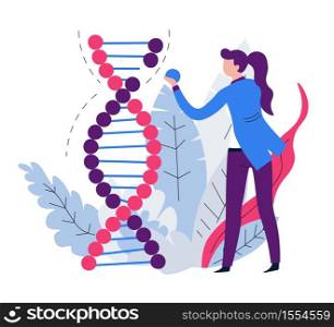 Woman scientist and genetics science DNA experiments mutation vector man and woman genetic code model laboratory experiments molecules spiral biology and chemistry biotechnologies development. DNA experiments mutation woman scientist and genetics science