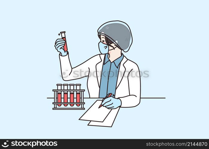 Woman scientist in medical uniform and hat work with tubes in laboratory. Female researcher or specialist experiment make discovery develop vaccine in lab. Research and science. Vector illustration. . Female researcher work with tubes make experiment