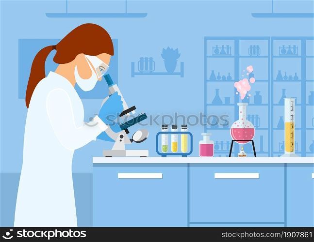 Woman scientist looking microscope, studying the coronavirus 2019-nCoV, with laboratory and equipment background . Female laboratory assistant working at the table in potective glasses.. Woman scientist looking through microscope