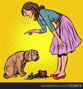 Woman scolds guilty dog. Broken pot with flower. Pop art retro vector illustration vintage kitsch. Woman scolds guilty dog. Broken pot with flower