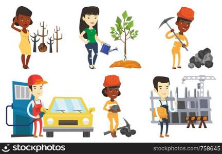 Woman scratching head on the background of dead forest. Dead forest caused by global warming. Environmental destruction concept. Set of vector flat design illustrations isolated on white background.. Vector set of characters on ecology issues.