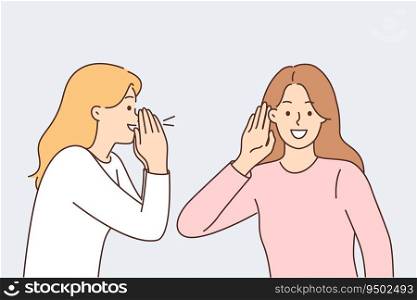 Woman screams to tell interesting news to female friend, puts hand to ear during conversation. Dialogue of beautiful girls exchanging gossip and secrets or telling life stories while conversation. Woman screams to tell interesting news to female friend, puts hand to ear during conversation
