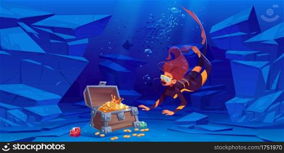 Woman scuba diver finds treasure chest with gold under water in sea or ocean. Vector cartoon illustration of underwater landscape with wooden box full of golden coins and girl in mask and diving suit. Woman scuba diver and treasure chest in sea