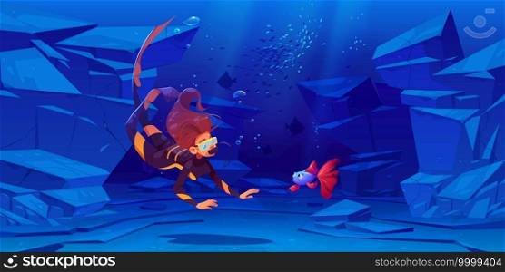 Woman scuba diver with mask look at cute fish under water in sea or ocean. Vector cartoon illustration of underwater landscape with stones, fishes and girl in diving suit with aqualung. Woman scuba diver with mask look at cute fish
