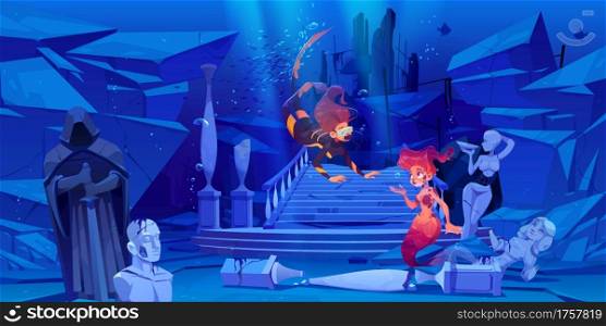 Woman scuba diver with mask meet mermaid under water in sea or ocean. Vector cartoon illustration of underwater landscape with sunken ancient ruins, girl in diving suit and girl fish. Woman scuba diver meet mermaid under water