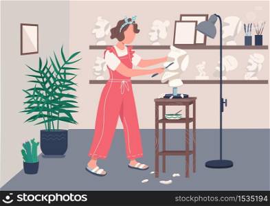 Woman sculpting flat color vector illustration. Workshop on carving marble. Female sculptor in studio for creative hobby and craftsmanship. Artist 2D cartoon character with interior on background. Woman sculpting flat color vector illustration