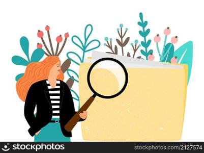 Woman search file. Yellow catalog folder. Data organization, web saving information. Business or education metaphor vector concept. Woman search file